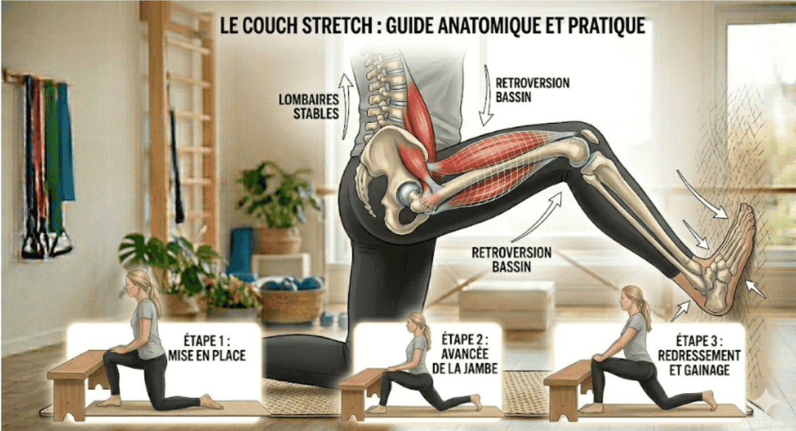 Le couch stretch, &eacute;tirement avanc&eacute; de l'ilio-psoas et des quadriceps