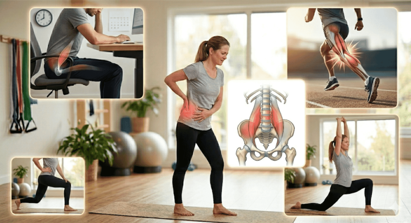 Exercices d'&eacute;tirement du psoas et de la cha&icirc;ne ant&eacute;rieure de la hanche