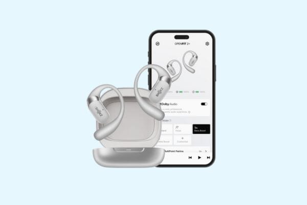 Détail des écouteurs Shokz OpenFit 2+ avec son Dolby Audio
