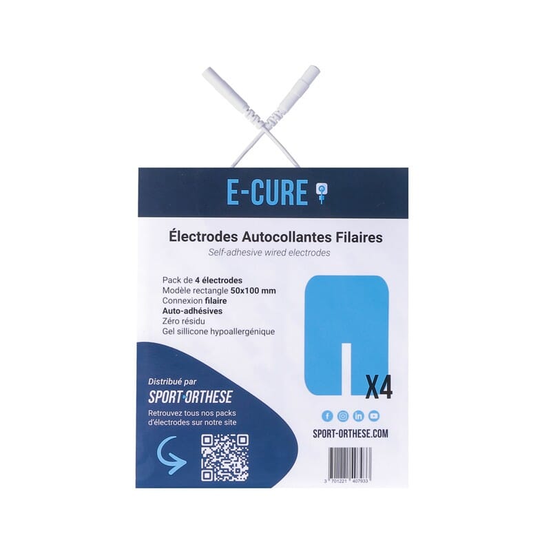 4 electrodes adhesives Sport-Elec 100 X 50 mm unies par cable avec Gel  hydrophile et hypoallergénique - Electrotens