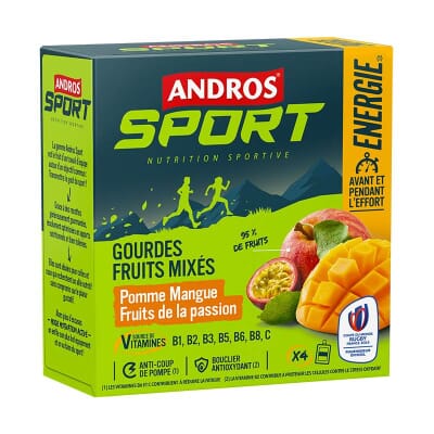 4 Gourdes de Fruits mixés vitaminées Pomme Mangue Andros Sport