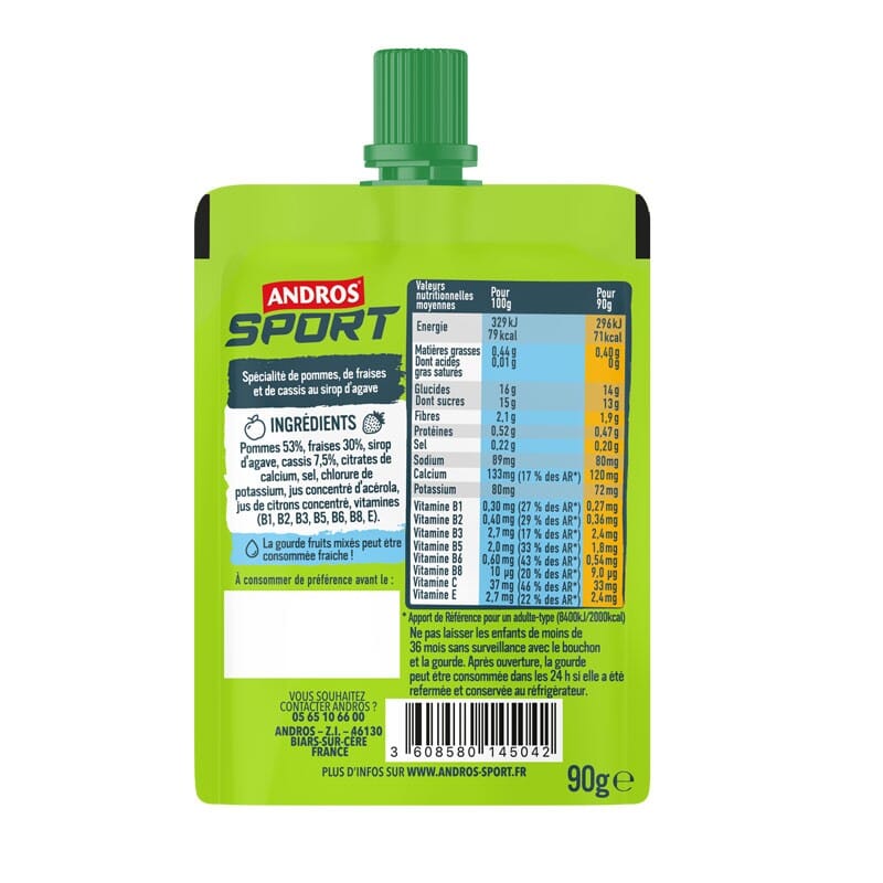 4 Gourdes de Fruits mixés vitaminées Pomme Fraise Cassis Andros Sport 3