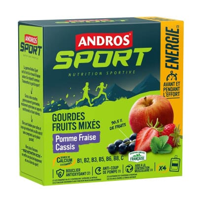4 Gourdes de Fruits mixés vitaminées Pomme Fraise Cassis Andros Sport
